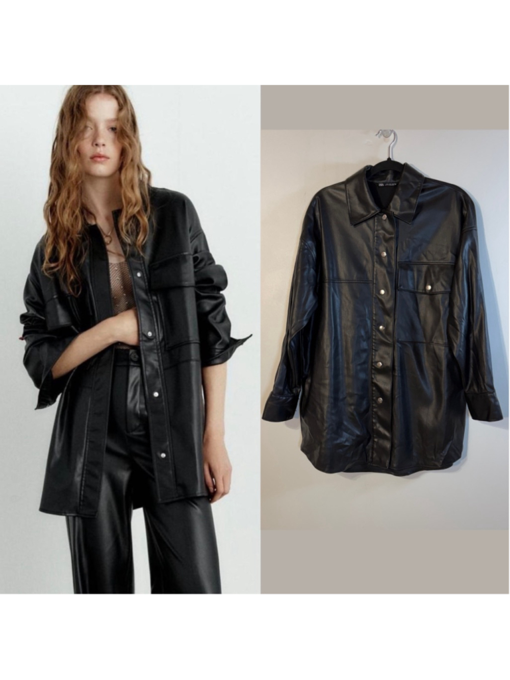Zara Black Faux Leather Button-Up Shirt Jacket Women’s Small Snap Button Pocket